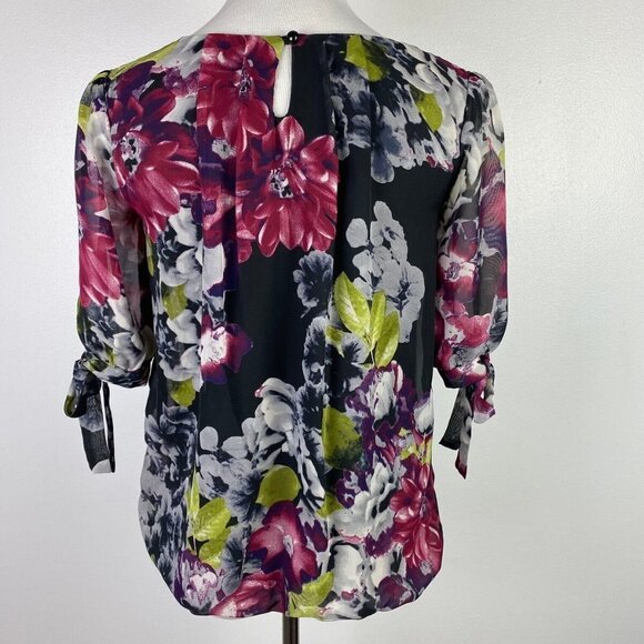 Maurices Floral Sheer Pleated Blouse Women's Small Keyhole Back Tied Half Sleeve - Picture 6 of 8